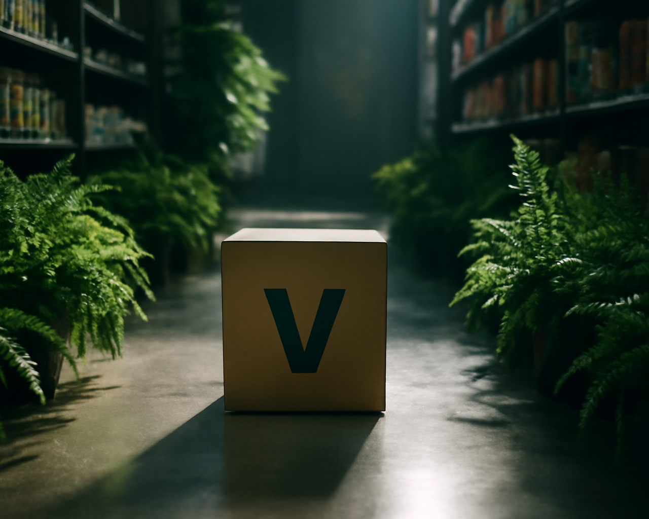 Un produit végan friendly posé sur une étagère épurée illustrant le contraste entre marketing écologique et réalité industrielle.