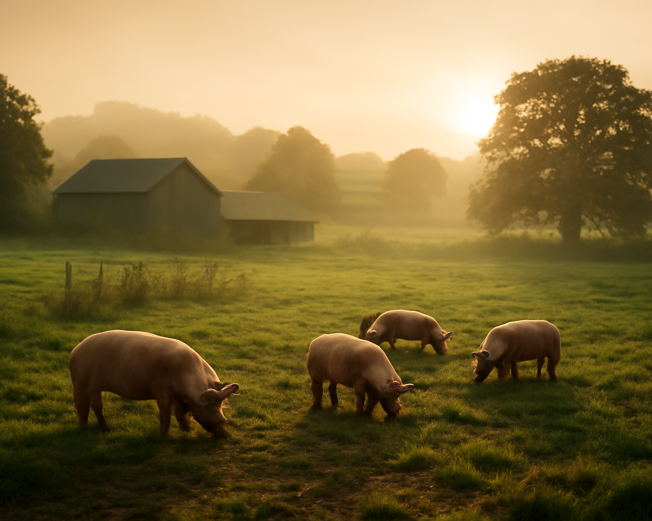 Pigs roaming freely in a sunlit British paddock illustrating the new UK farm animal welfare standards of 2026.