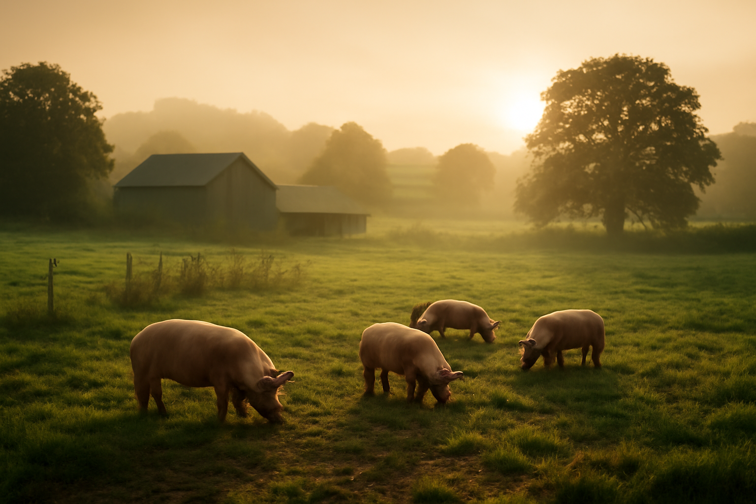 Pigs roaming freely in a sunlit British paddock illustrating the new UK farm animal welfare standards of 2026.
