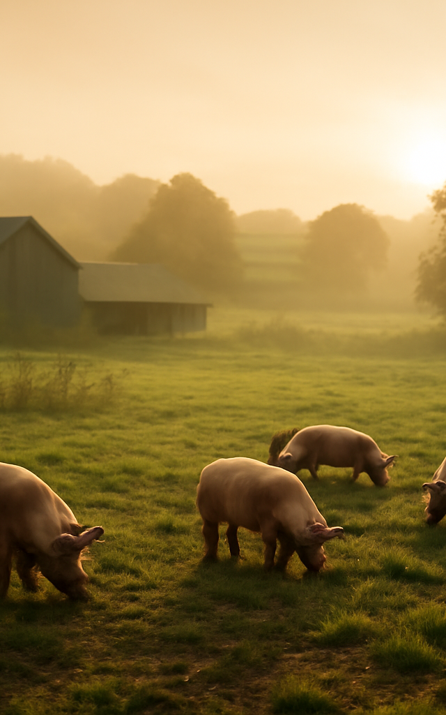 Pigs roaming freely in a sunlit British paddock illustrating the new UK farm animal welfare standards of 2026.