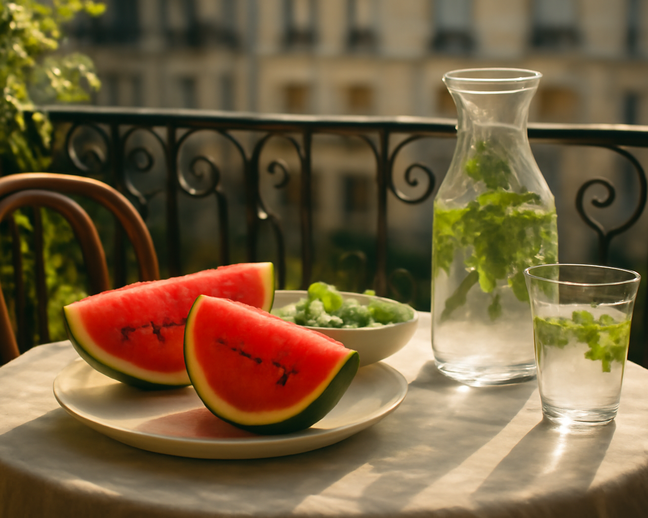 Une table d'été ensoleillée avec des fruits et légumes riches en eau illustrant l'hydratation végétale guide.