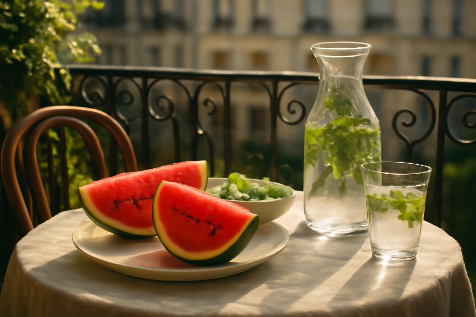 Une table d'été ensoleillée avec des fruits et légumes riches en eau illustrant l'hydratation végétale guide.