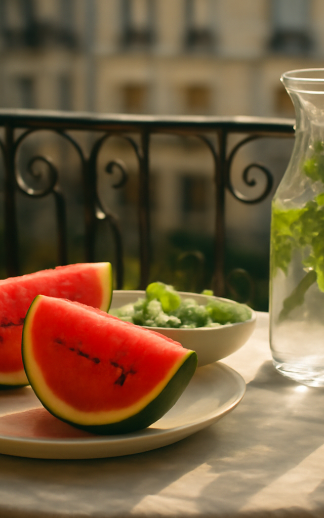 Une table d'été ensoleillée avec des fruits et légumes riches en eau illustrant l'hydratation végétale guide.