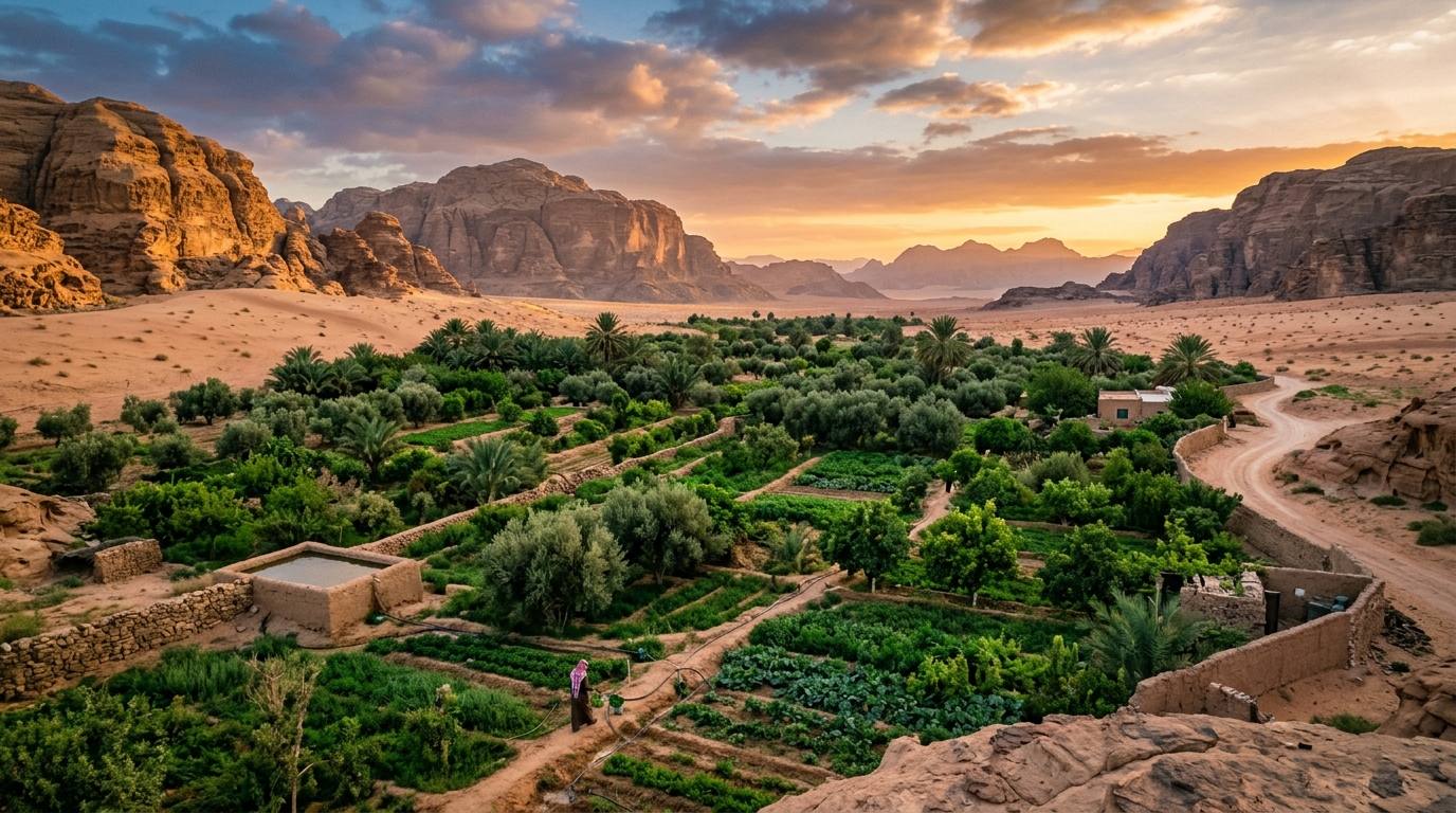 واحة خضراء لمزرعة تعتمد الزراعة التجديدية في بلاد الشام وسط بيئة صحراوية جافة وقت الغروب