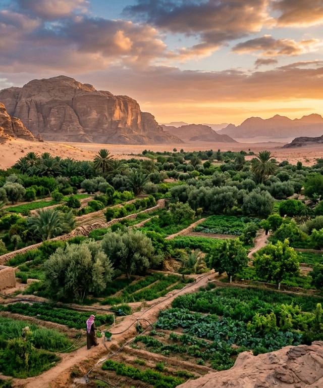 واحة خضراء لمزرعة تعتمد الزراعة التجديدية في بلاد الشام وسط بيئة صحراوية جافة وقت الغروب