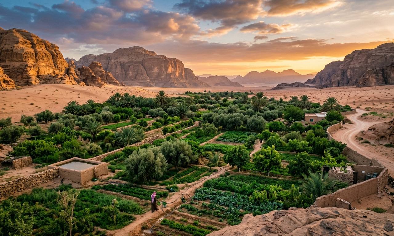 واحة خضراء لمزرعة تعتمد الزراعة التجديدية في بلاد الشام وسط بيئة صحراوية جافة وقت الغروب