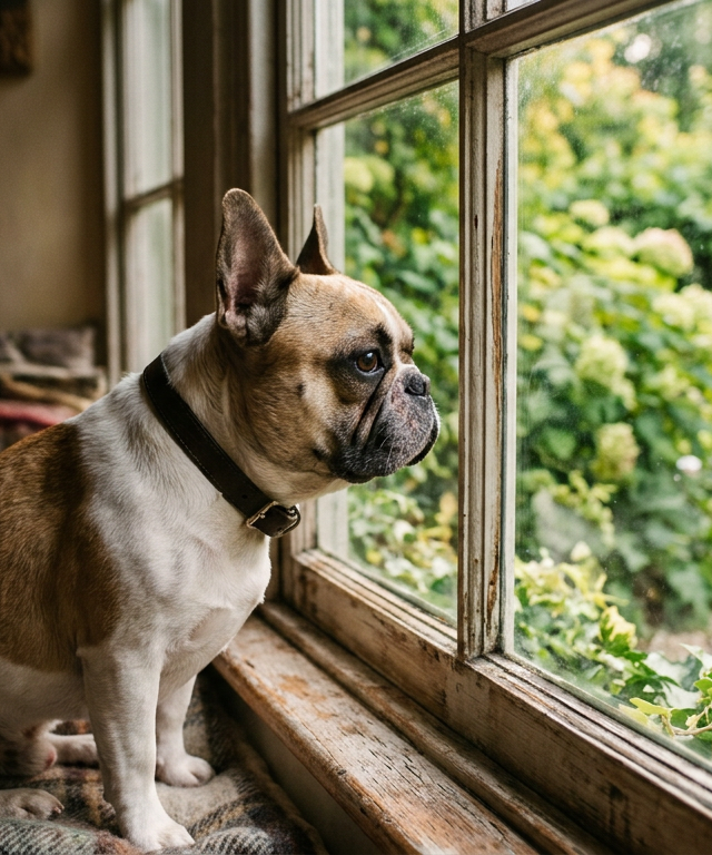 Um Bulldog Francês observando um jardim ensolarado pela janela, destacando seu perfil braquicefálico e expressão contemplativa.