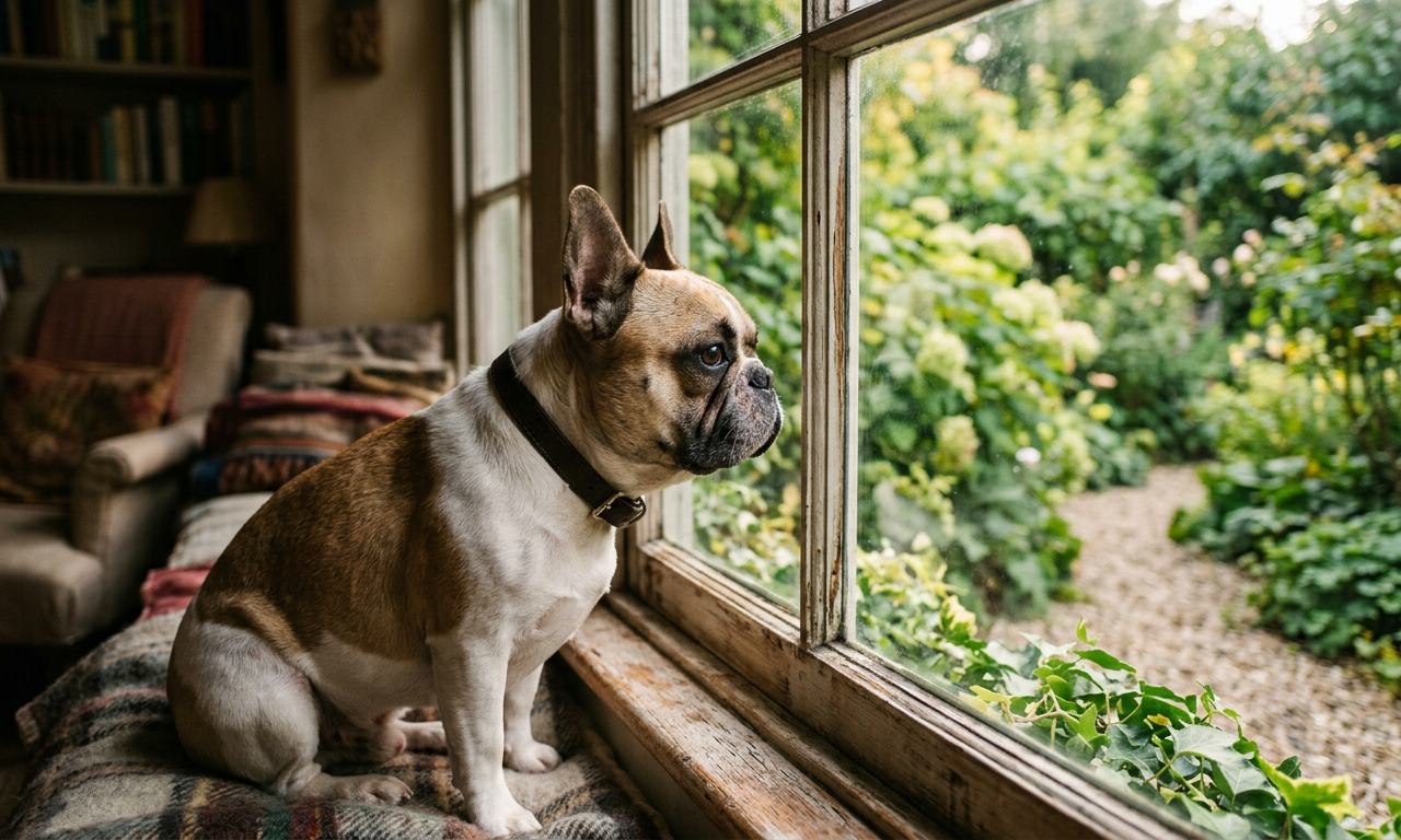 Um Bulldog Francês observando um jardim ensolarado pela janela, destacando seu perfil braquicefálico e expressão contemplativa.