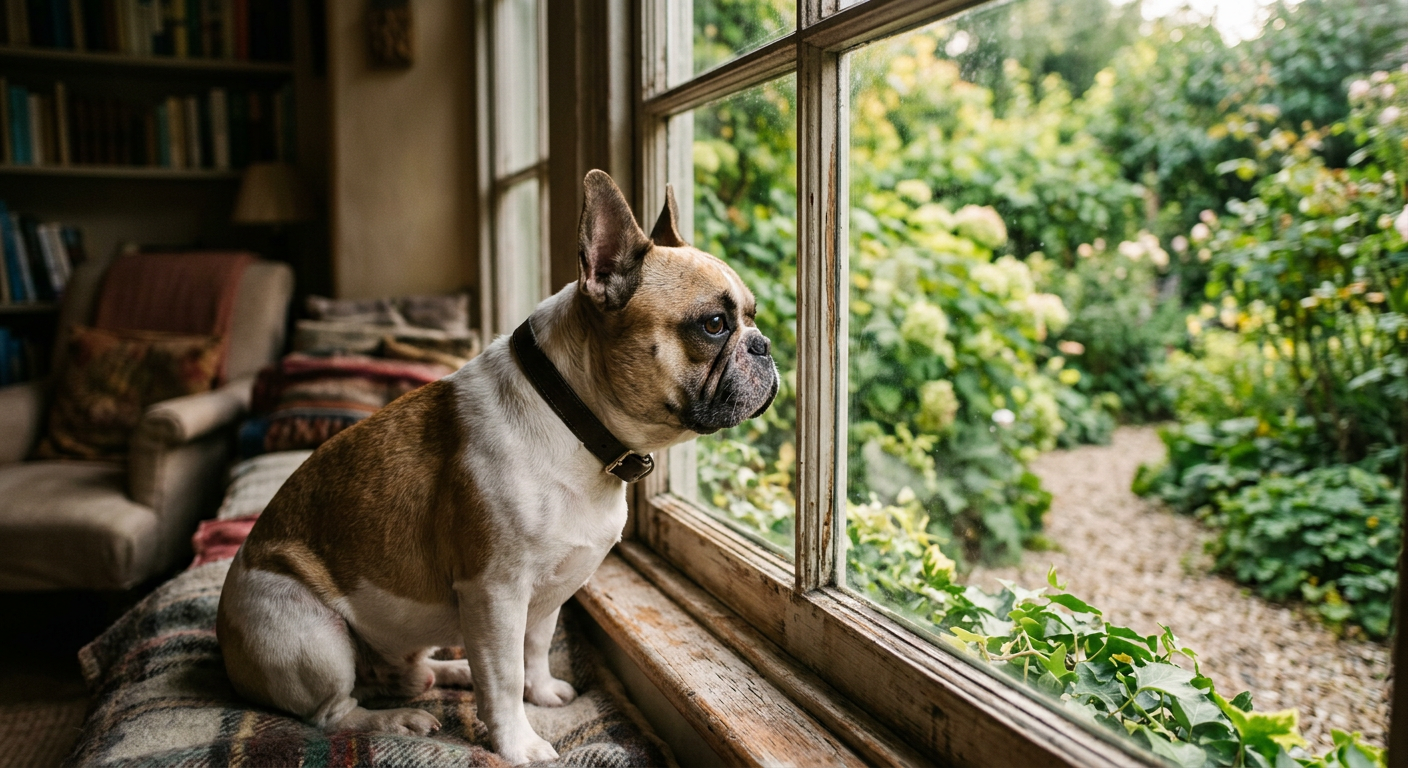 Um Bulldog Francês observando um jardim ensolarado pela janela, destacando seu perfil braquicefálico e expressão contemplativa.