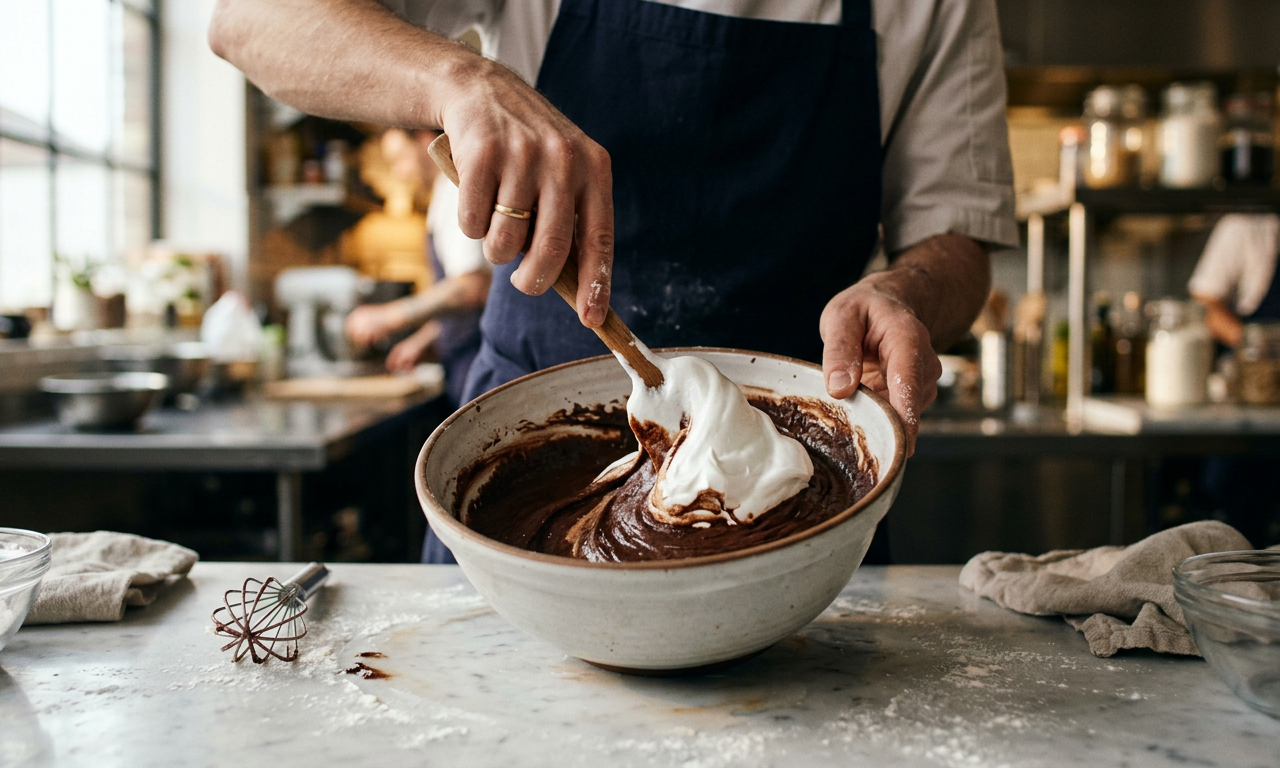 Mãos de chef dobrando merengue de aquafaba em massa de chocolate, destacando substitutos de ovo para confeitaria.
