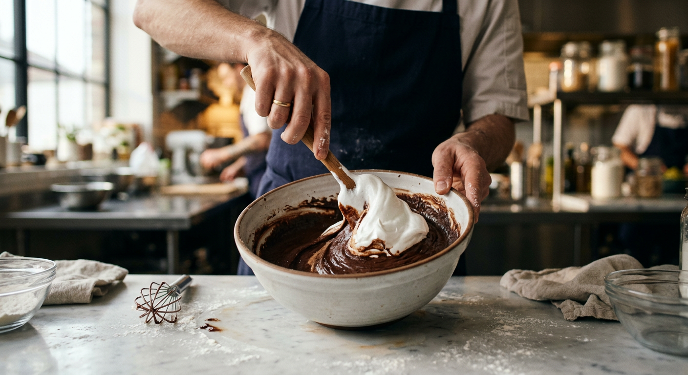 Mãos de chef dobrando merengue de aquafaba em massa de chocolate, destacando substitutos de ovo para confeitaria.
