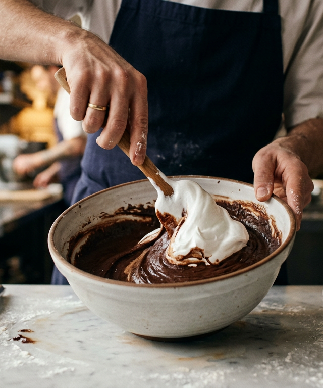 Mãos de chef dobrando merengue de aquafaba em massa de chocolate, destacando substitutos de ovo para confeitaria.