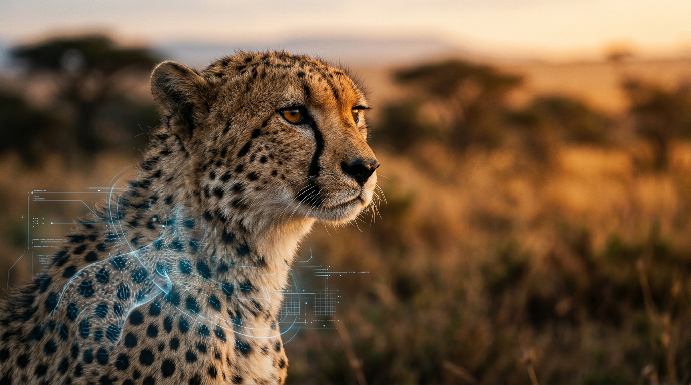 A wild cheetah being scanned by a non-invasive biometric AI in animal welfare system during a golden hour sunset.