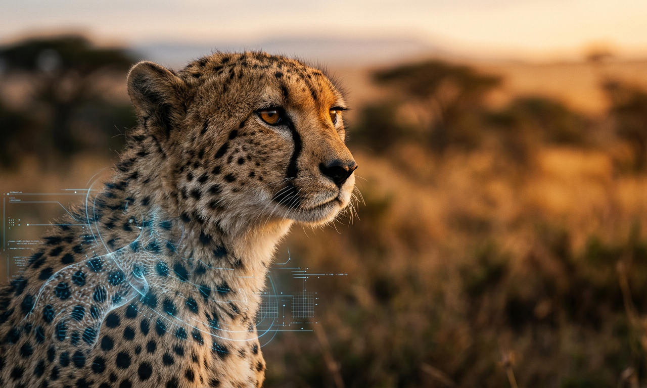 A wild cheetah being scanned by a non-invasive biometric AI in animal welfare system during a golden hour sunset.