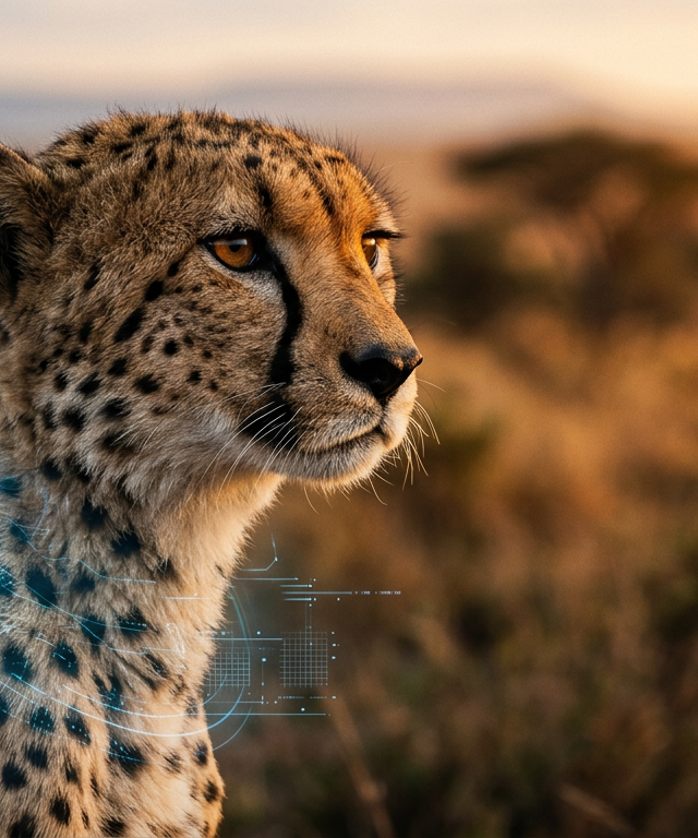 A wild cheetah being scanned by a non-invasive biometric AI in animal welfare system during a golden hour sunset.