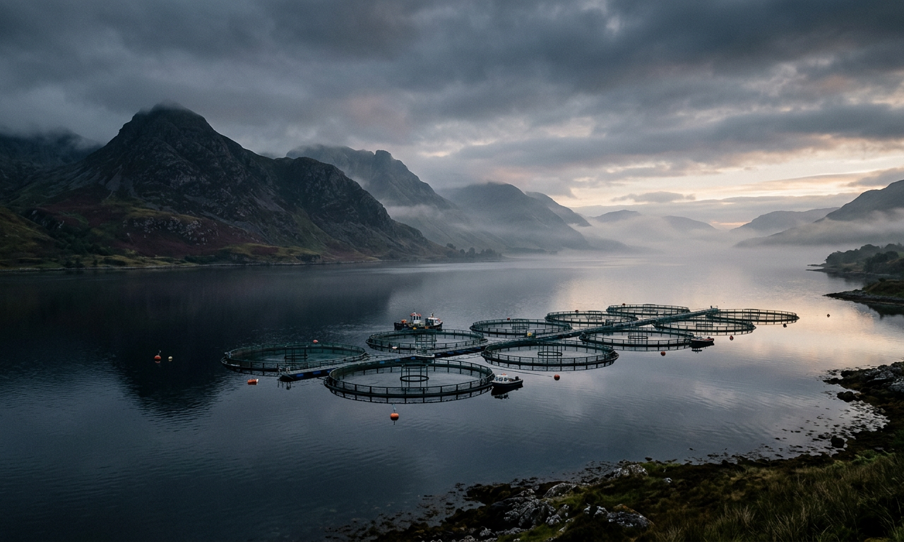 Aerial view of a circular Scotland salmon farming pen in a misty sea loch with mountains.