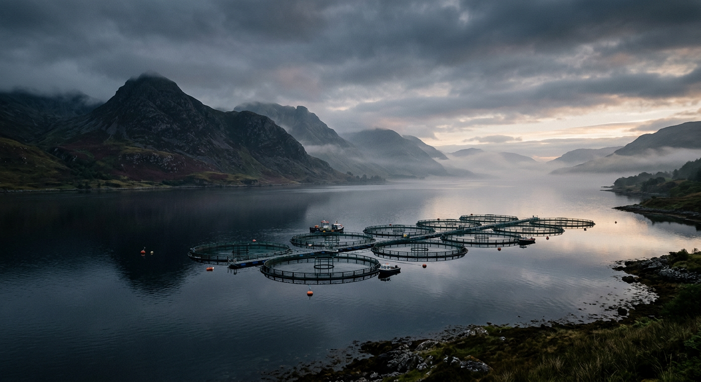 Aerial view of a circular Scotland salmon farming pen in a misty sea loch with mountains.