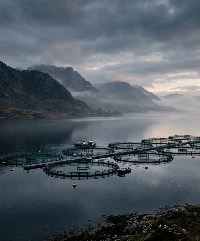 Aerial view of a circular Scotland salmon farming pen in a misty sea loch with mountains.