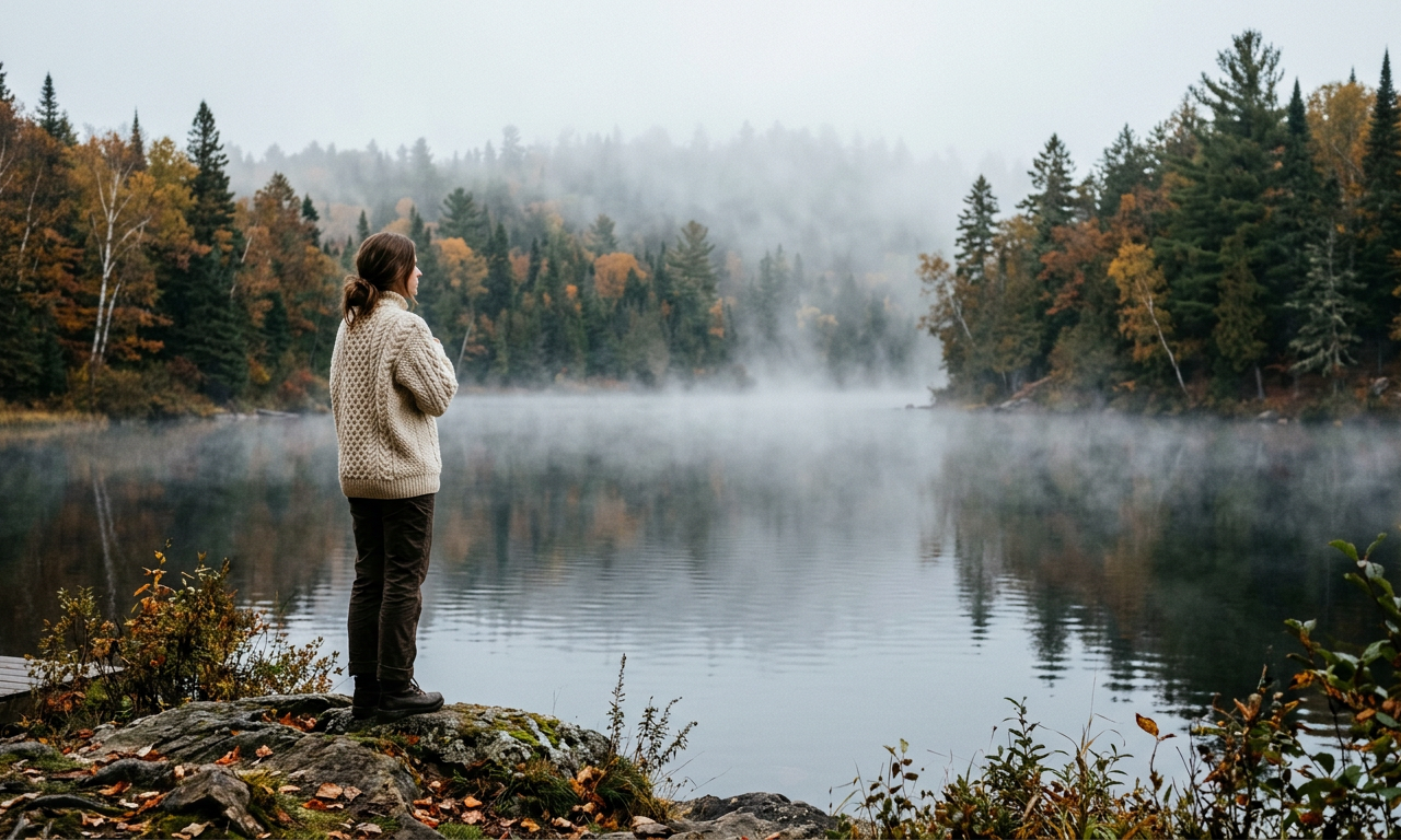 A woman wearing a stylish cream-colored vegan sweater made of ethical wool alternatives standing in a misty Canadian forest.