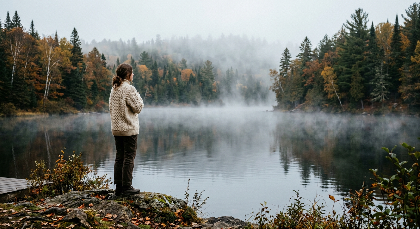 A woman wearing a stylish cream-colored vegan sweater made of ethical wool alternatives standing in a misty Canadian forest.