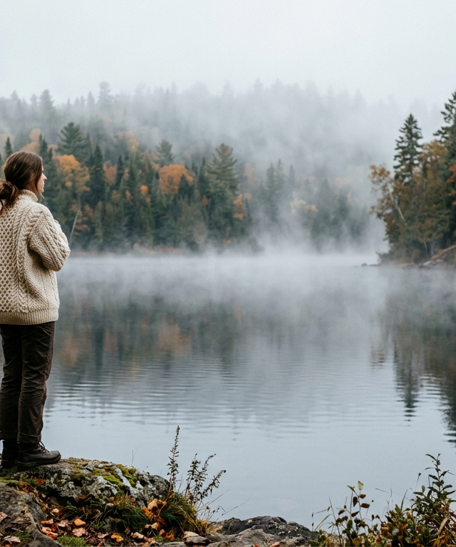 A woman wearing a stylish cream-colored vegan sweater made of ethical wool alternatives standing in a misty Canadian forest.