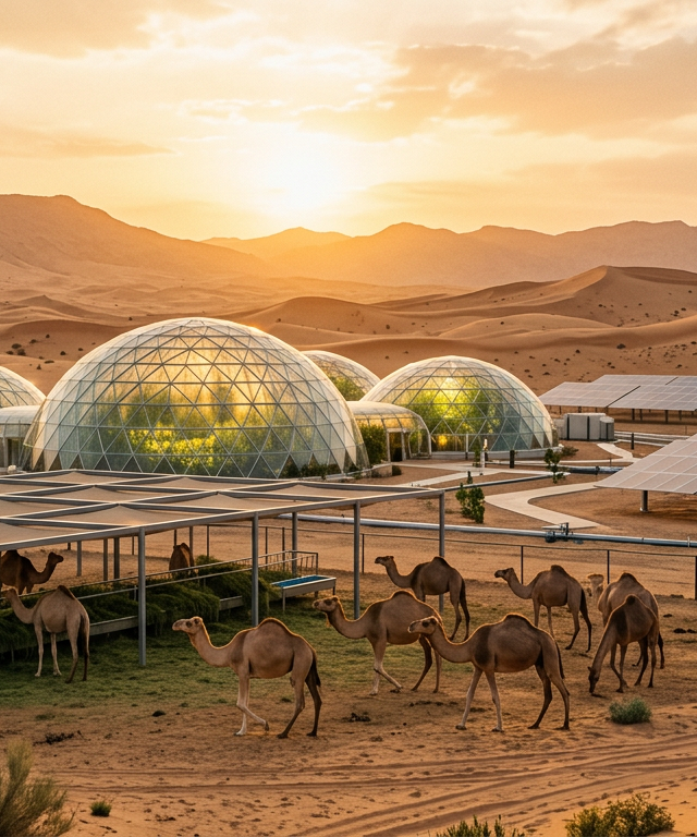 مزرعة مستدامة في صحراء الإمارات تستخدم تقنيات حديثة لحماية الحيوانات وتطبيق قوانين الرفق بالحيوان.