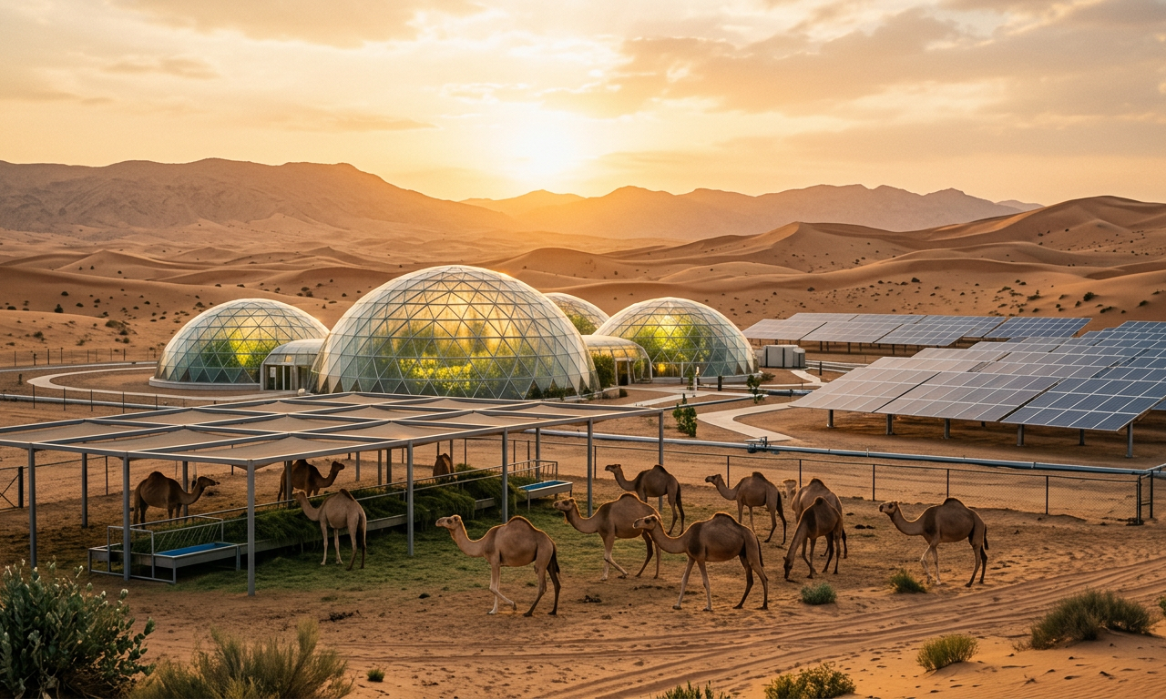 مزرعة مستدامة في صحراء الإمارات تستخدم تقنيات حديثة لحماية الحيوانات وتطبيق قوانين الرفق بالحيوان.