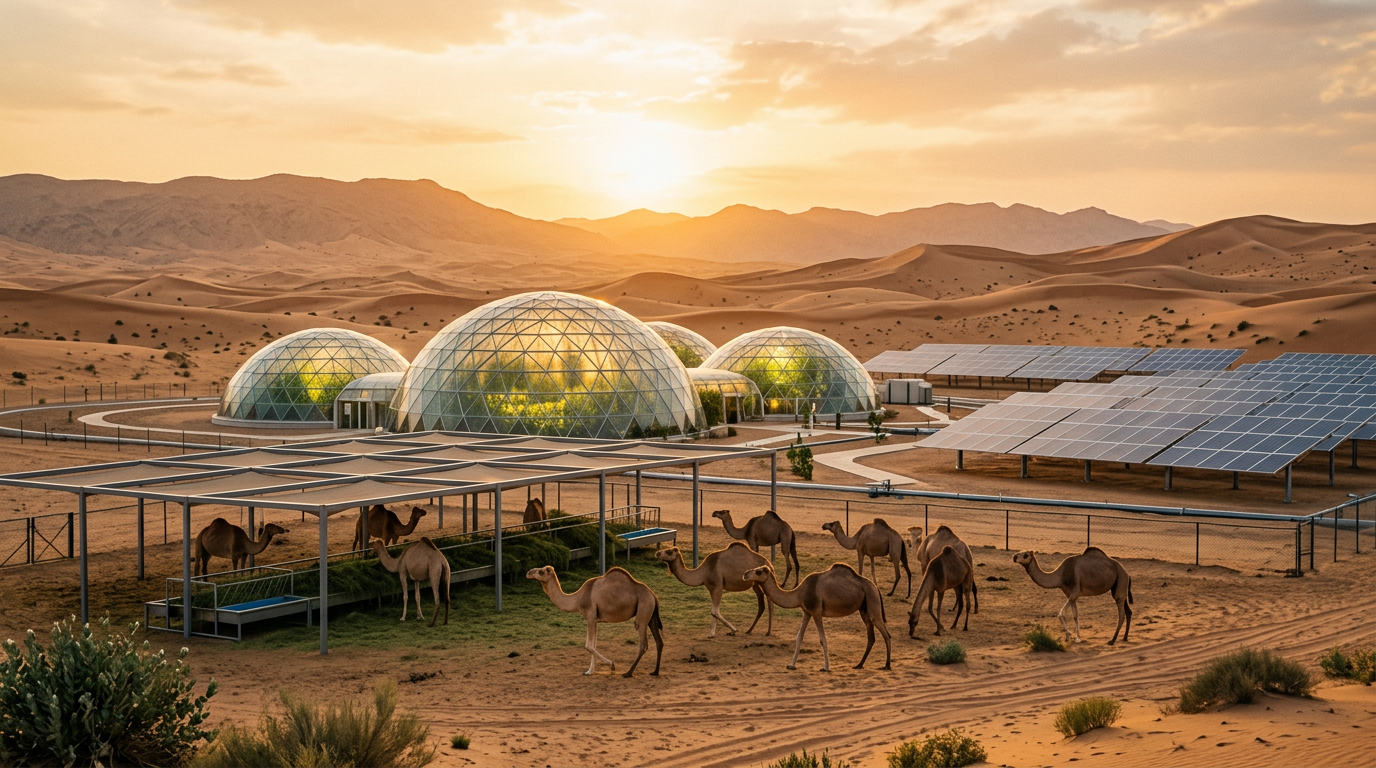 مزرعة مستدامة في صحراء الإمارات تستخدم تقنيات حديثة لحماية الحيوانات وتطبيق قوانين الرفق بالحيوان.