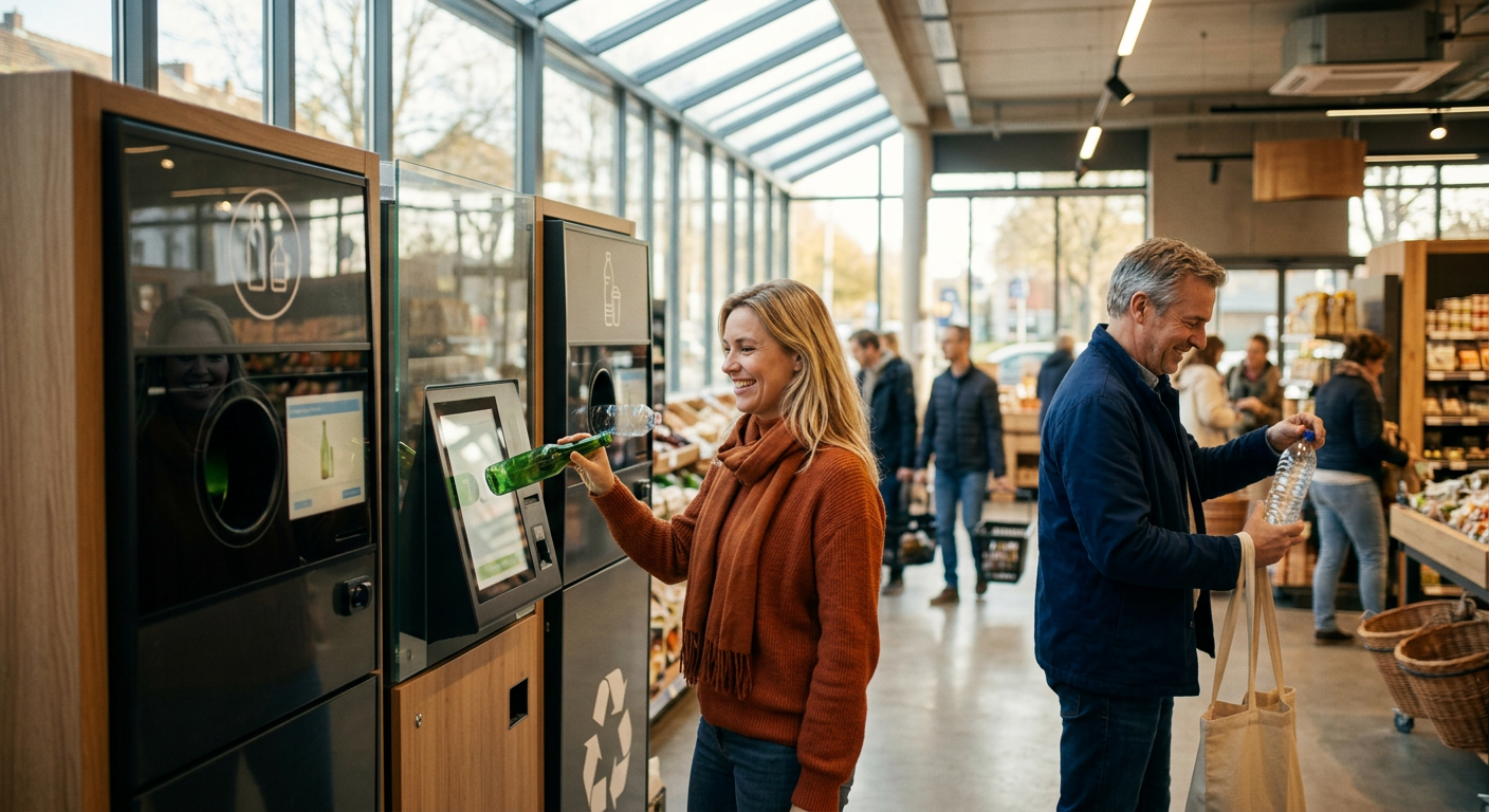 Une station de recyclage moderne illustrant le système de consigne en Belgique avec des utilisateurs déposant des bouteilles.