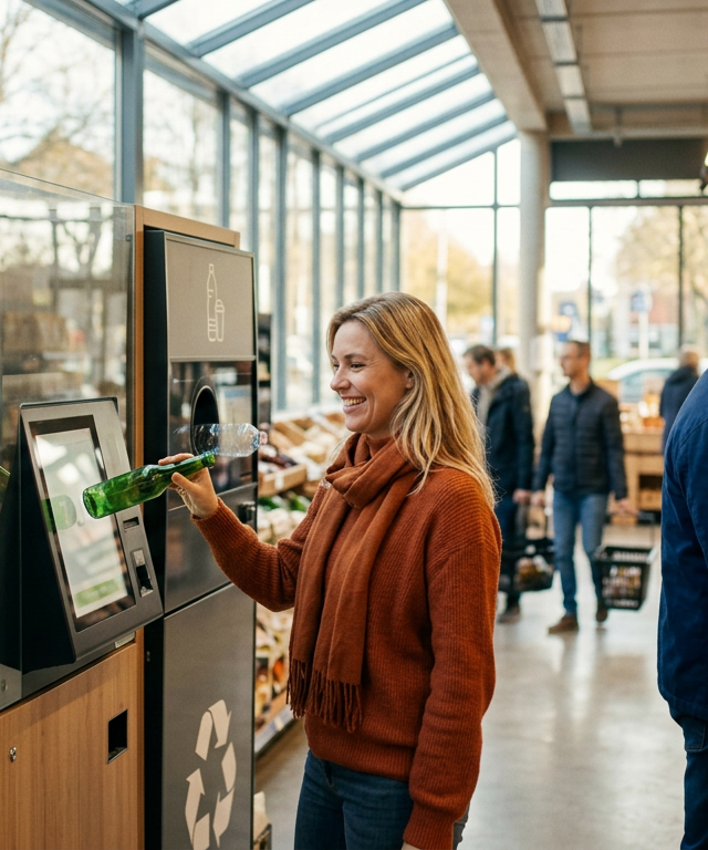 Une station de recyclage moderne illustrant le système de consigne en Belgique avec des utilisateurs déposant des bouteilles.