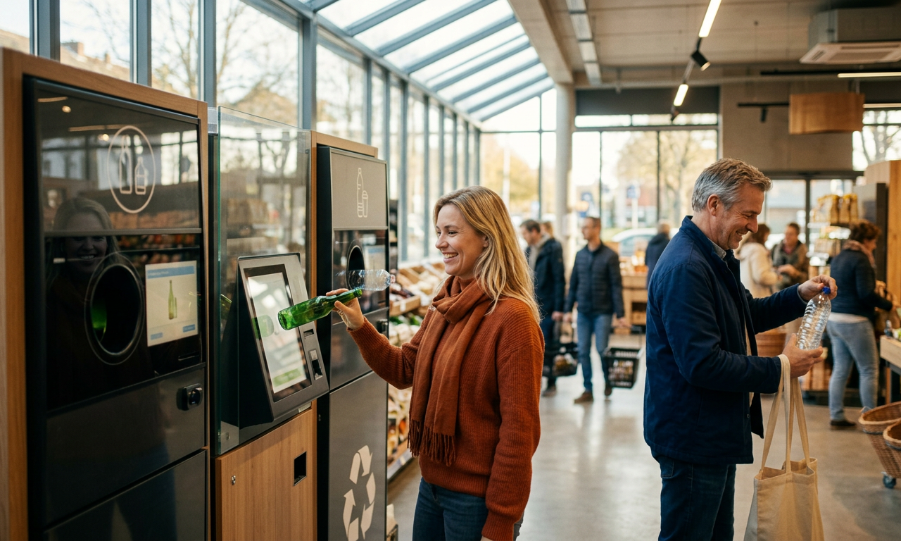 Une station de recyclage moderne illustrant le système de consigne en Belgique avec des utilisateurs déposant des bouteilles.