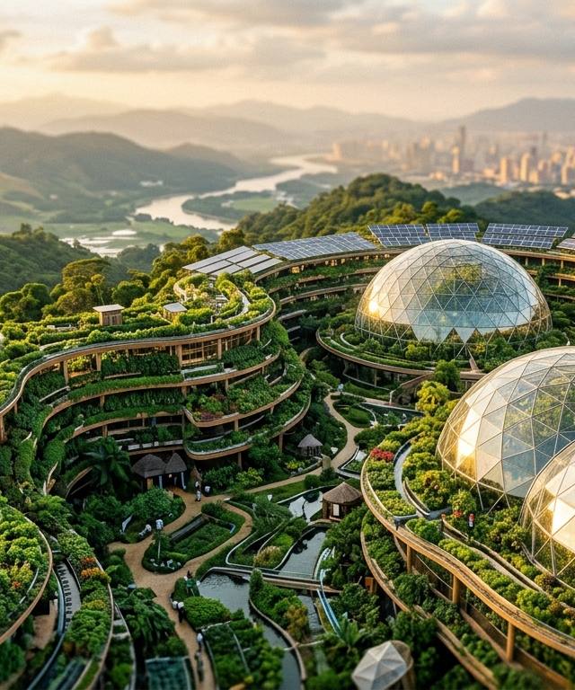 亚洲未来可持续农业景观，通过垂直农业替代工厂化养殖以减少碳足迹的宏伟景象。