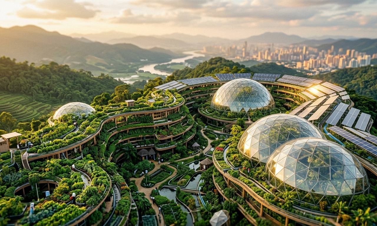 亚洲未来可持续农业景观,通过垂直农业替代工厂化养殖以减少碳足迹的宏伟景象。