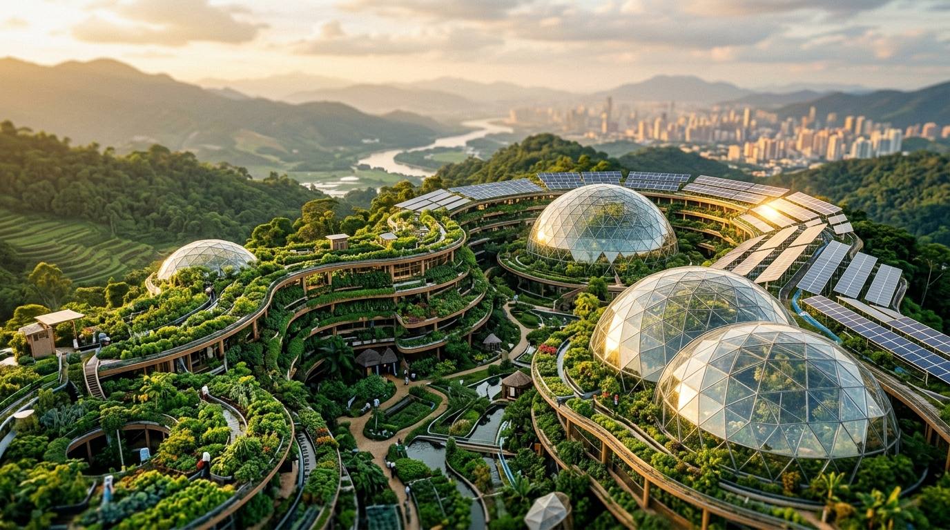 亚洲未来可持续农业景观,通过垂直农业替代工厂化养殖以减少碳足迹的宏伟景象。
