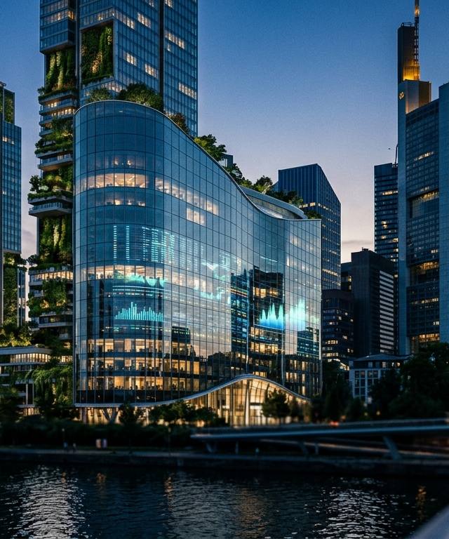 Moderner Finanzdistrikt in Frankfurt mit begrünten Fassaden symbolisiert ESG Investing in Germany und nachhaltige Zukunft.