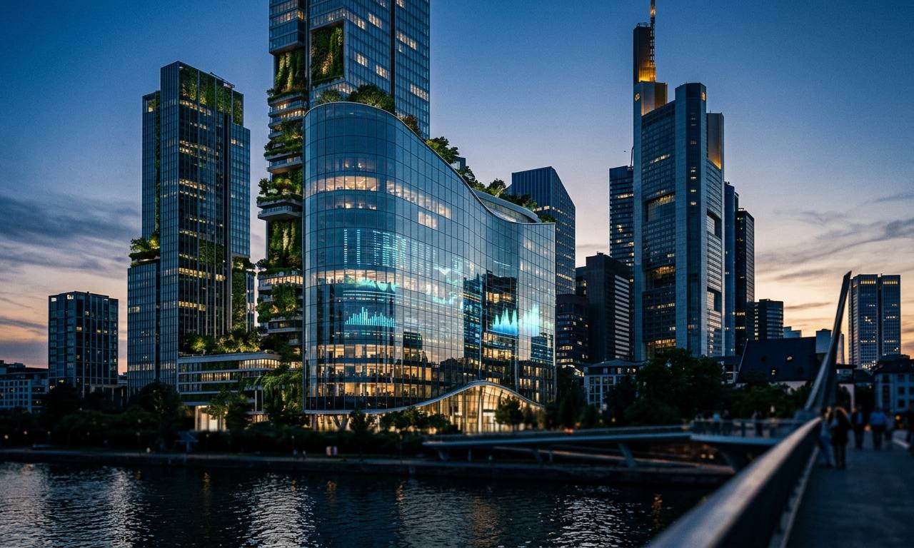 Moderner Finanzdistrikt in Frankfurt mit begrünten Fassaden symbolisiert ESG Investing in Germany und nachhaltige Zukunft.