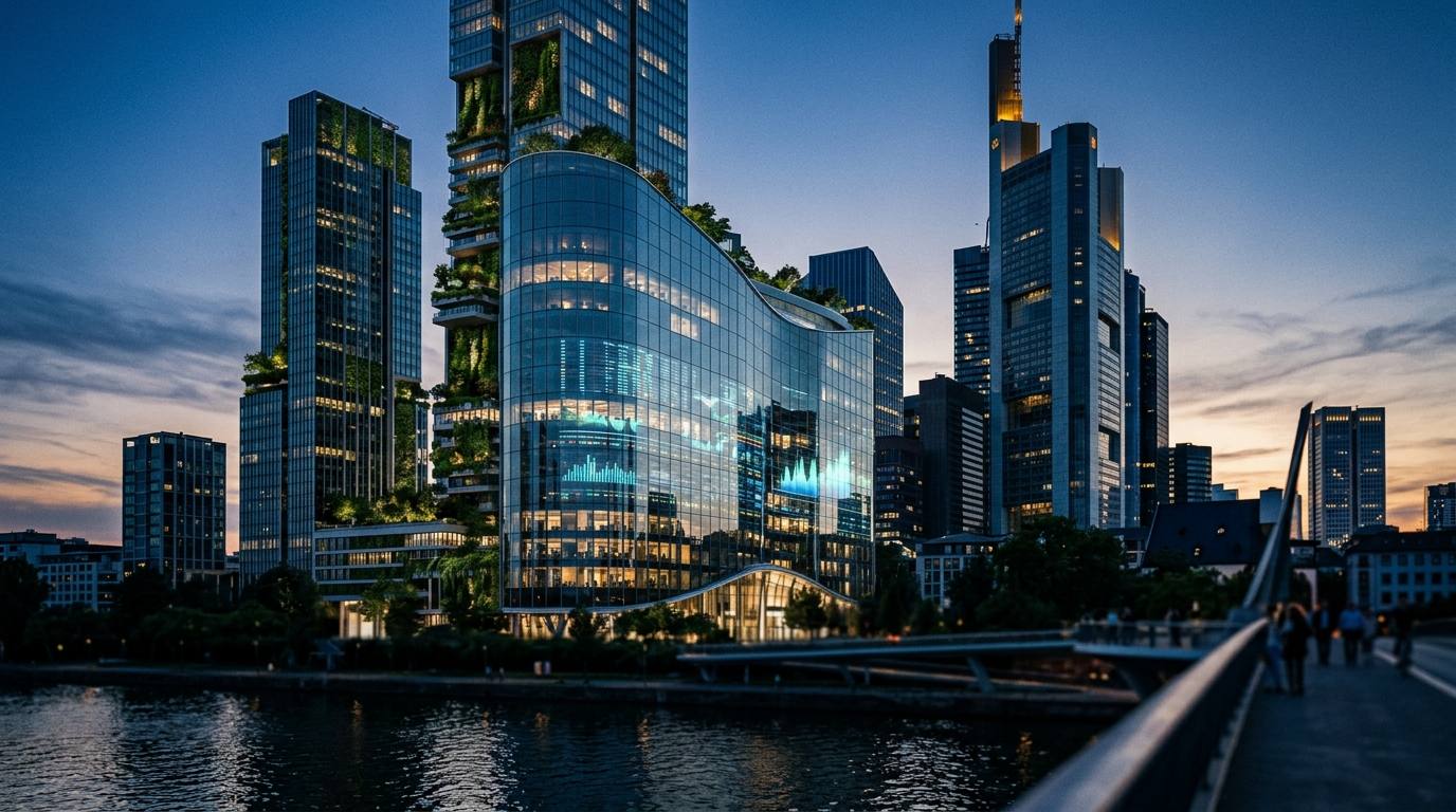 Moderner Finanzdistrikt in Frankfurt mit begrünten Fassaden symbolisiert ESG Investing in Germany und nachhaltige Zukunft.