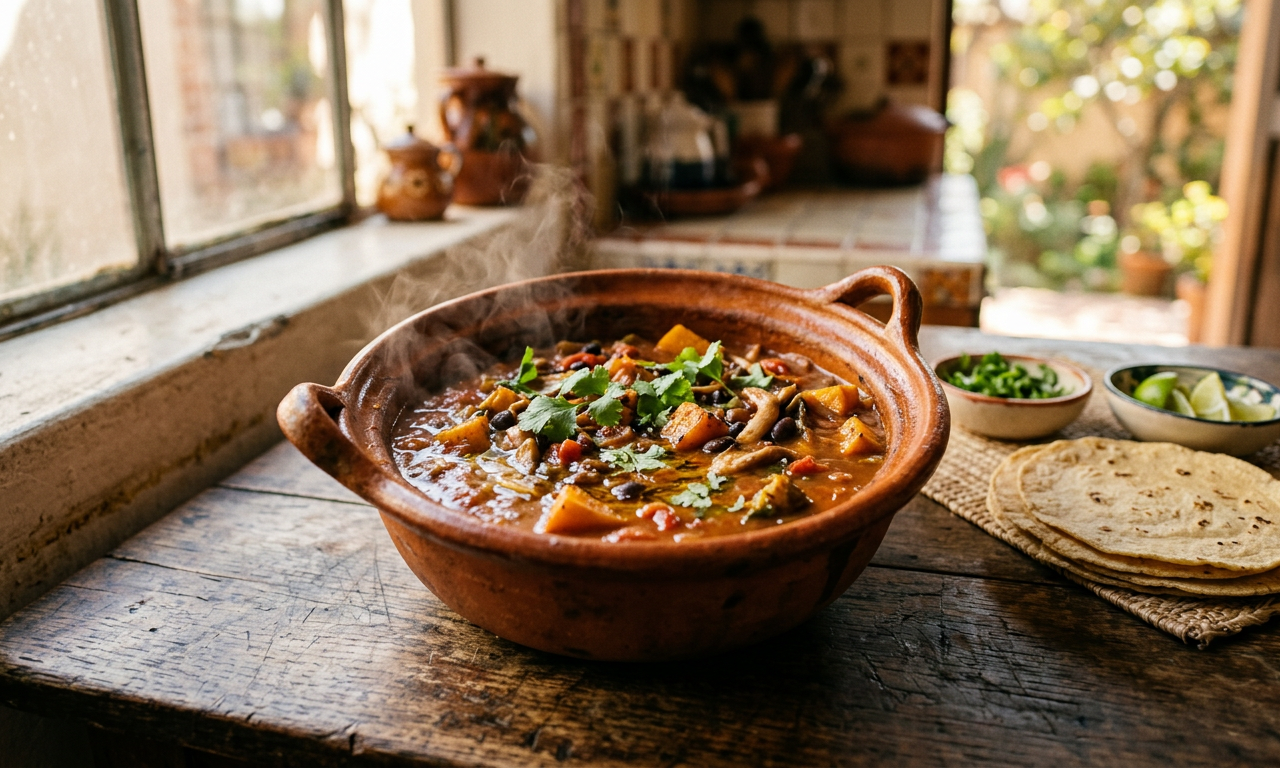 Cazuela rústica de guisos veganos en Latinoamérica con ingredientes frescos, vapor y colores vibrantes en una cocina soleada.