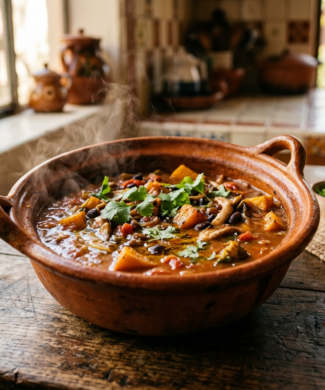 Cazuela rústica de guisos veganos en Latinoamérica con ingredientes frescos, vapor y colores vibrantes en una cocina soleada.