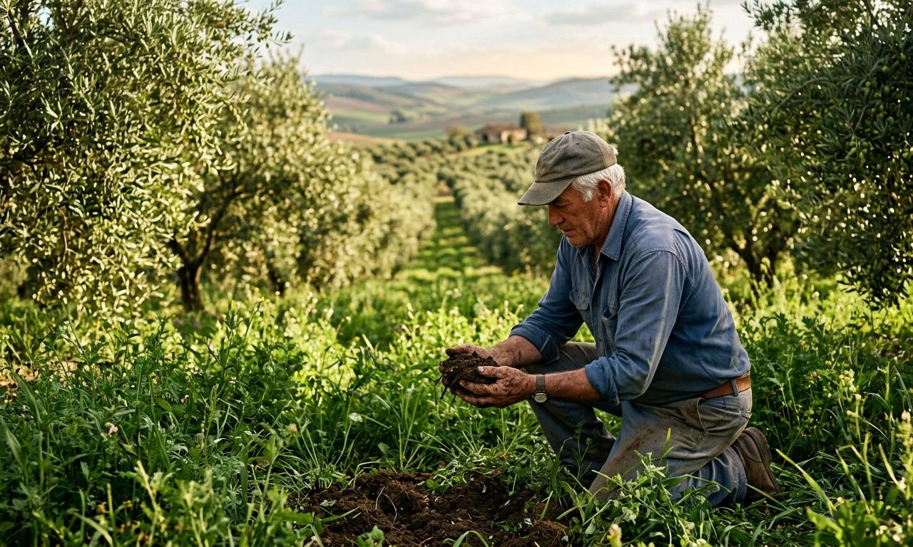 Agricultor examinando suelo fértil y oscuro en un olivar con cobertura vegetal para aprender cómo hacer agricultura regenerativa.