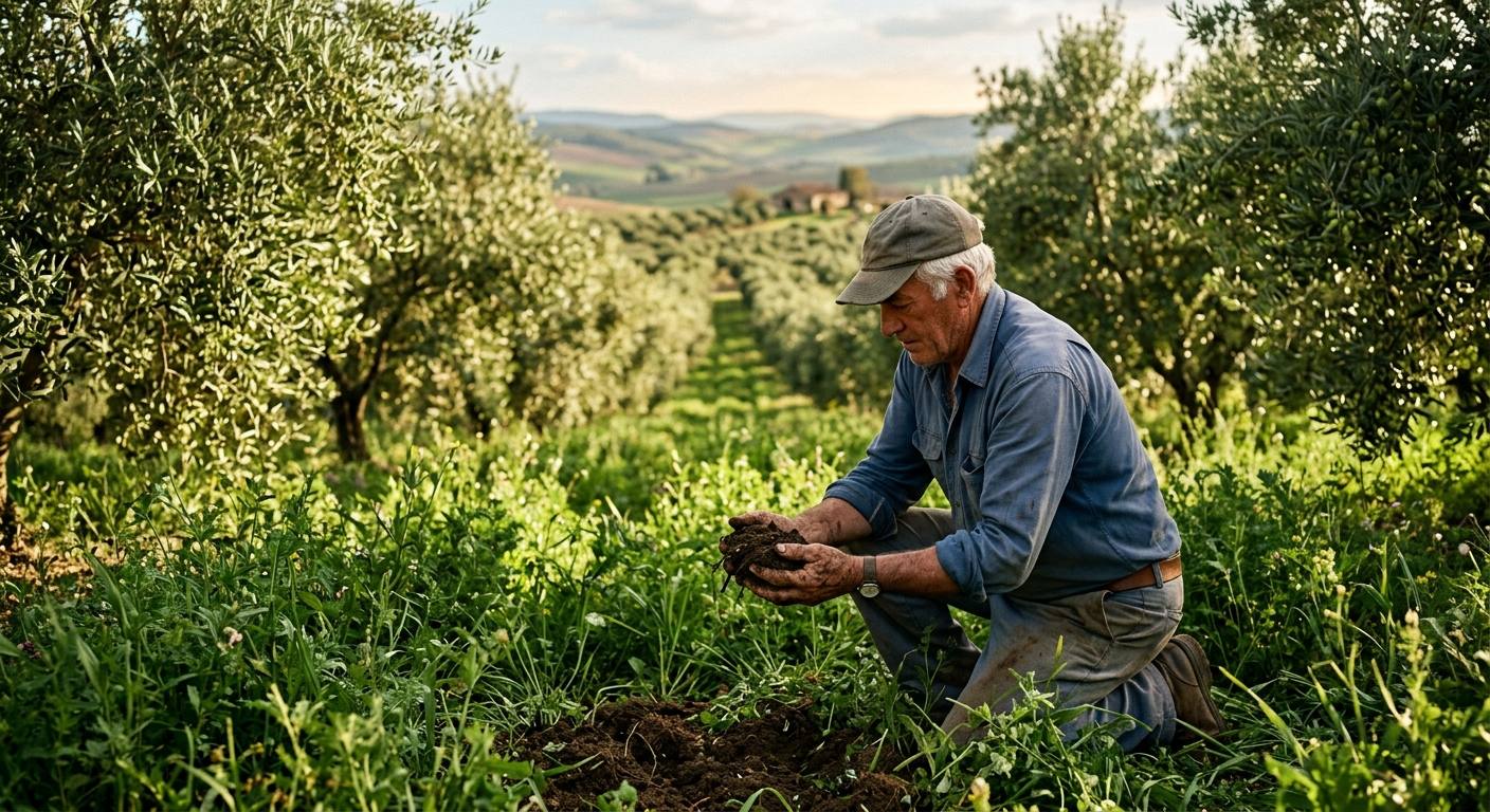 A thriving regenerative farm showing diverse plant layers and healthy dark soil under a morning sun.
