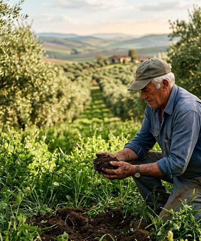 Agricultor examinando suelo fértil y oscuro en un olivar con cobertura vegetal para aprender cómo hacer agricultura regenerativa.