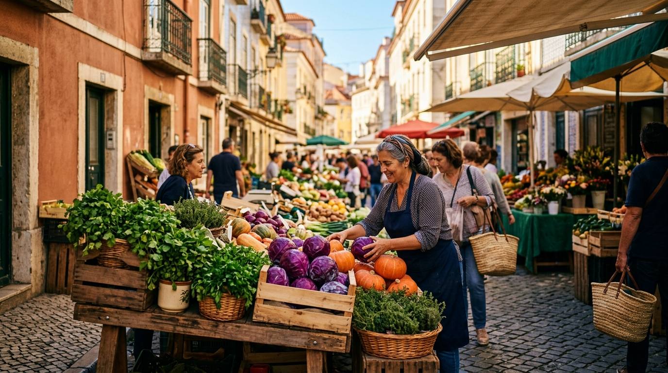 Mercado ao ar livre com vegetais frescos e sazonais representando o veganismo barato e acessível.