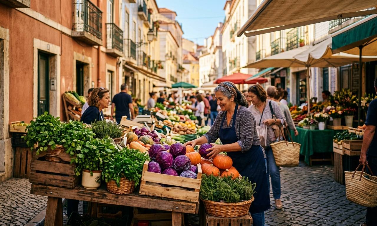 Mercado ao ar livre com vegetais frescos e sazonais representando o veganismo barato e acessível.