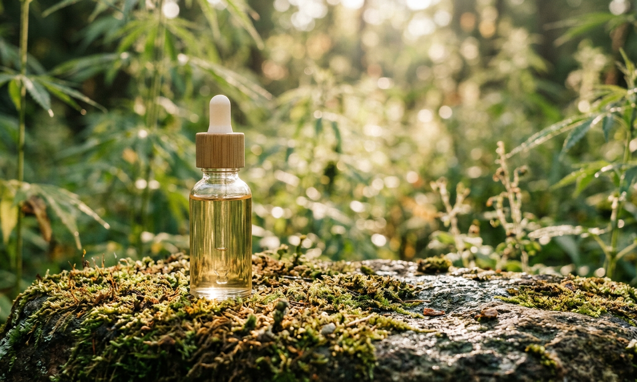 在绿色背景下展示的植物基CBD瓶子，象征着CBD与纯素主义的结合与伦理消费。