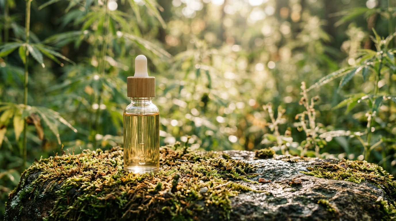 在绿色背景下展示的植物基CBD瓶子，象征着CBD与纯素主义的结合与伦理消费。