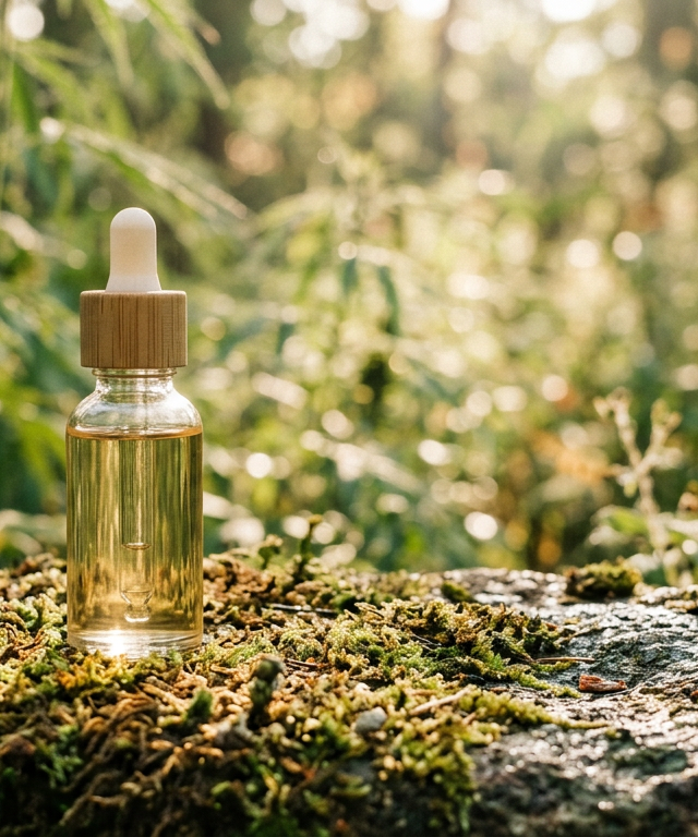 在绿色背景下展示的植物基CBD瓶子，象征着CBD与纯素主义的结合与伦理消费。