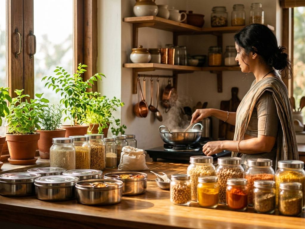 Potes de vidro com grãos e leguminosas em uma cozinha sustentável brasileira.