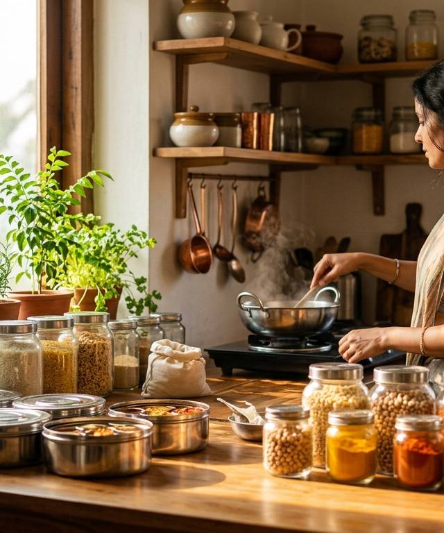 एक आधुनिक भारतीय रसोई जहाँ व्यवस्थित कांच के जार और स्मार्ट उपकरण खाद्य अपशिष्ट कम करना आसान बनाते हैं।