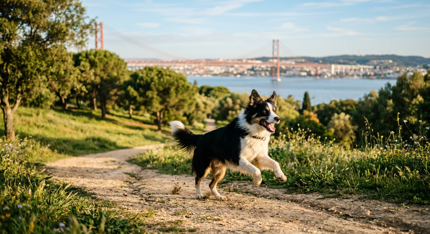 Um cão Border Collie corre feliz num parque ensolarado em Lisboa, representando a liberdade sob a Lei de Bem-Estar Animal em Portugal.